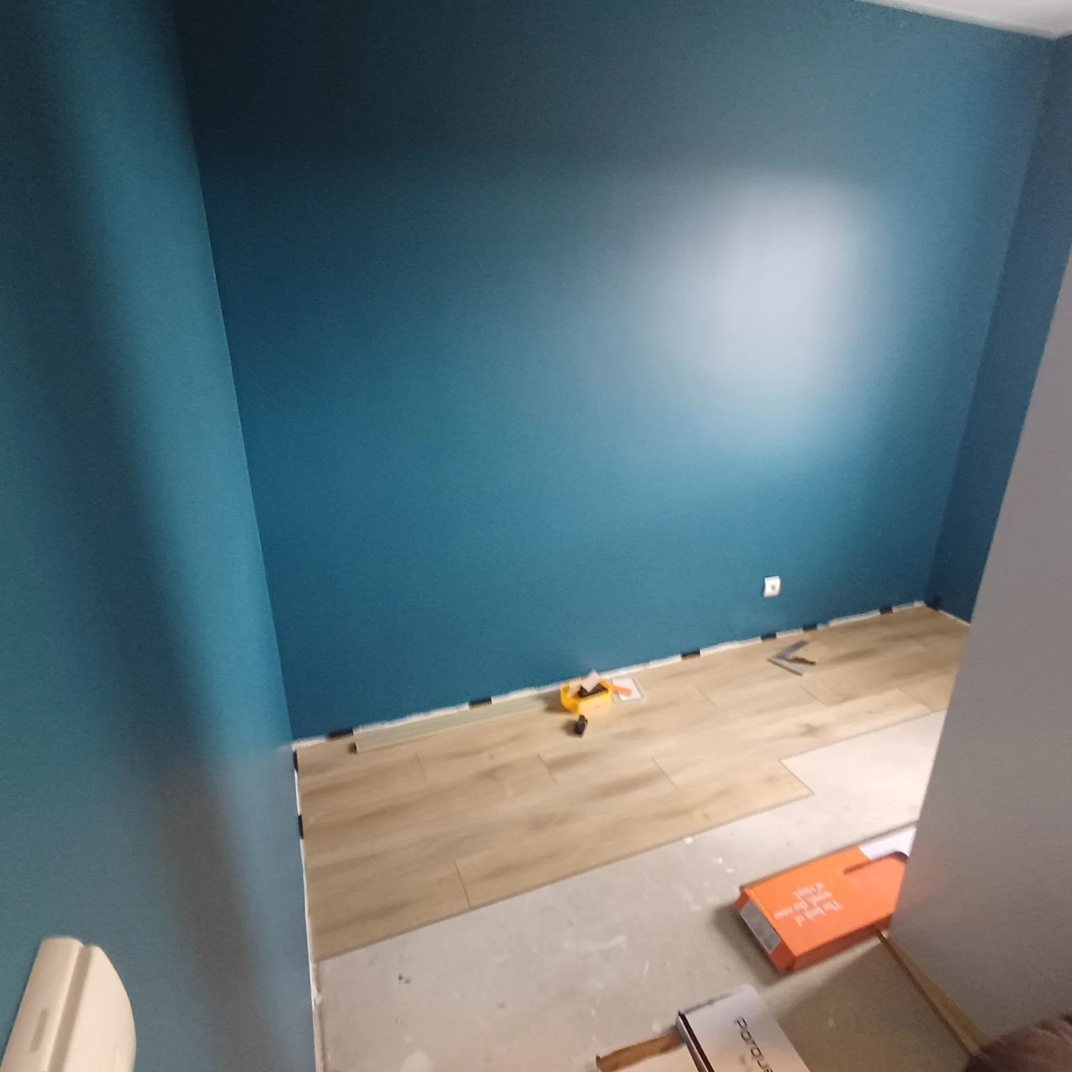 Espace aux murs bleu profond et sol en bois